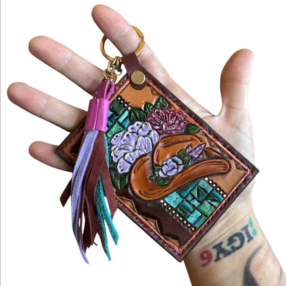 Artisan Handmade Western Southwest Leather Card Holder Cowgirl Keychain Wallet